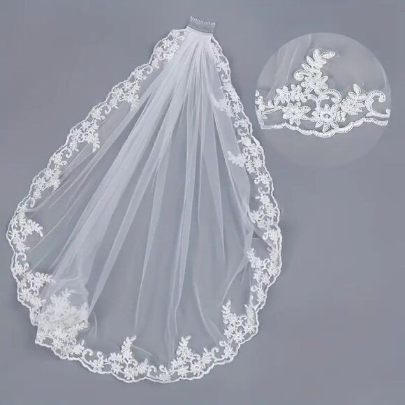 Embroidered Lace and Gems Edge Fingertip Bridal Wedding Veil White With Comb - Picture 3 of 8